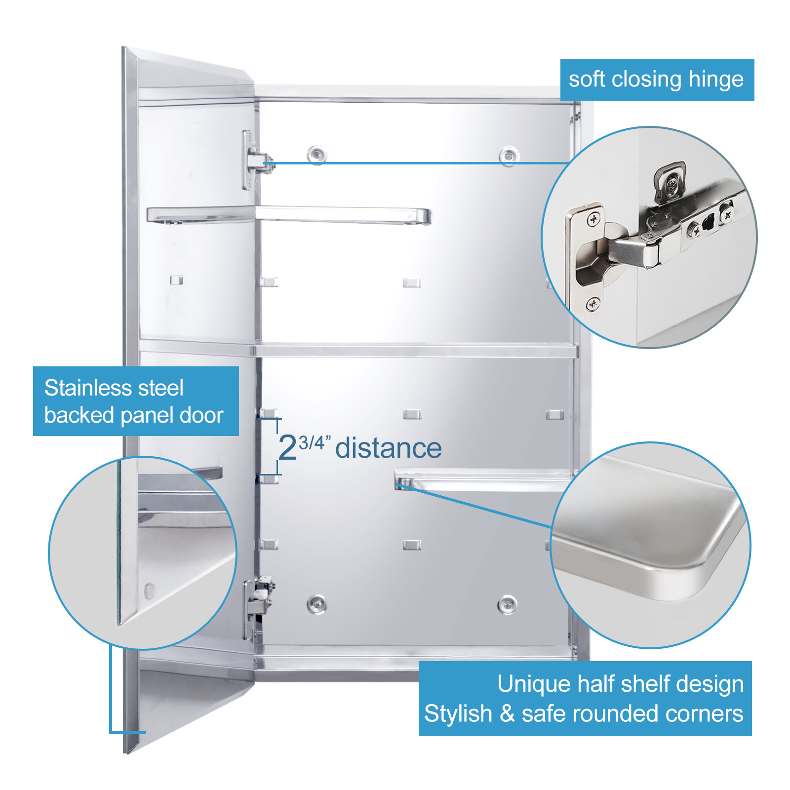 Stainless Steel Medicine Cabinet, Bathroom Mirror Cabinet, with unique half-shelves, Recess and Surface mount, 14.8 x 25.5 inch