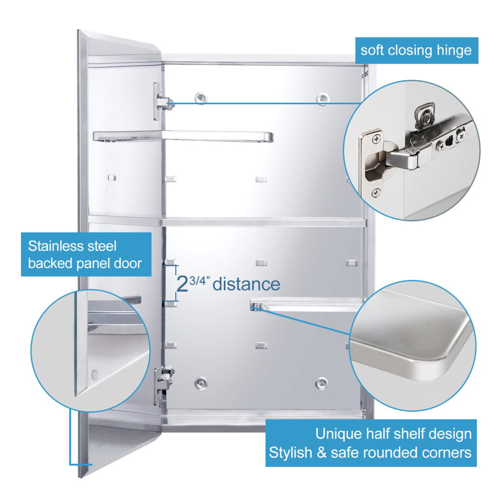 Stainless Steel Medicine Cabinet, Bathroom Mirror Cabinet, with unique half-shelves, Recess and Surface mount, 14.8 x 25.5 inch