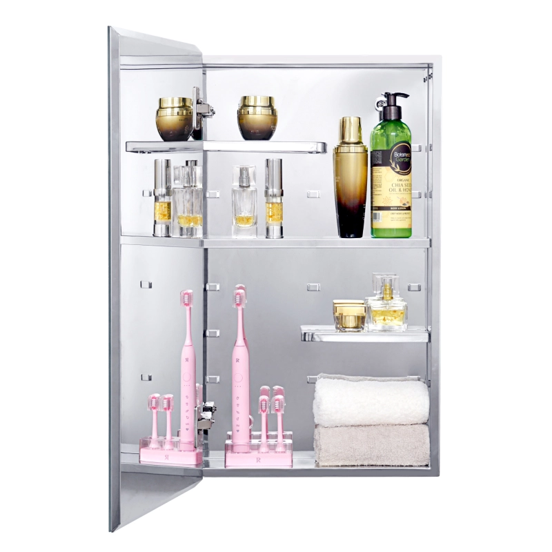 Stainless Steel Medicine Cabinet, Bathroom Mirror Cabinet, with unique half-shelves, Recess and Surface mount, 14.8 x 25.5 inch