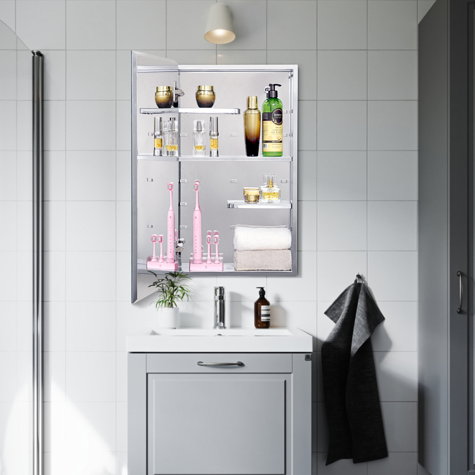 Stainless Steel Medicine Cabinet, Bathroom Mirror Cabinet, with unique half-shelves, Recess and Surface mount, 14.8 x 25.5 inch
