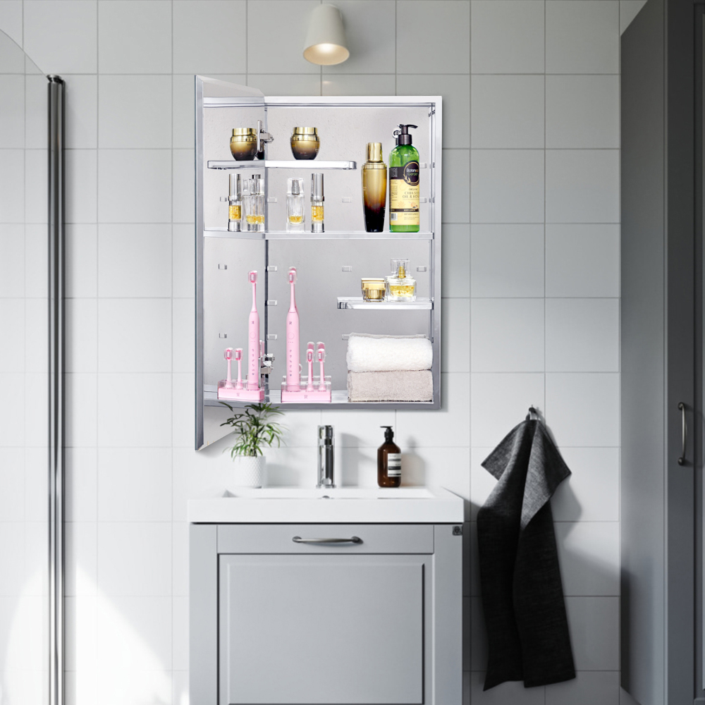 Stainless Steel Medicine Cabinet, Bathroom Mirror Cabinet, with unique half-shelves, Recess and Surface mount, 14.8 x 25.5 inch