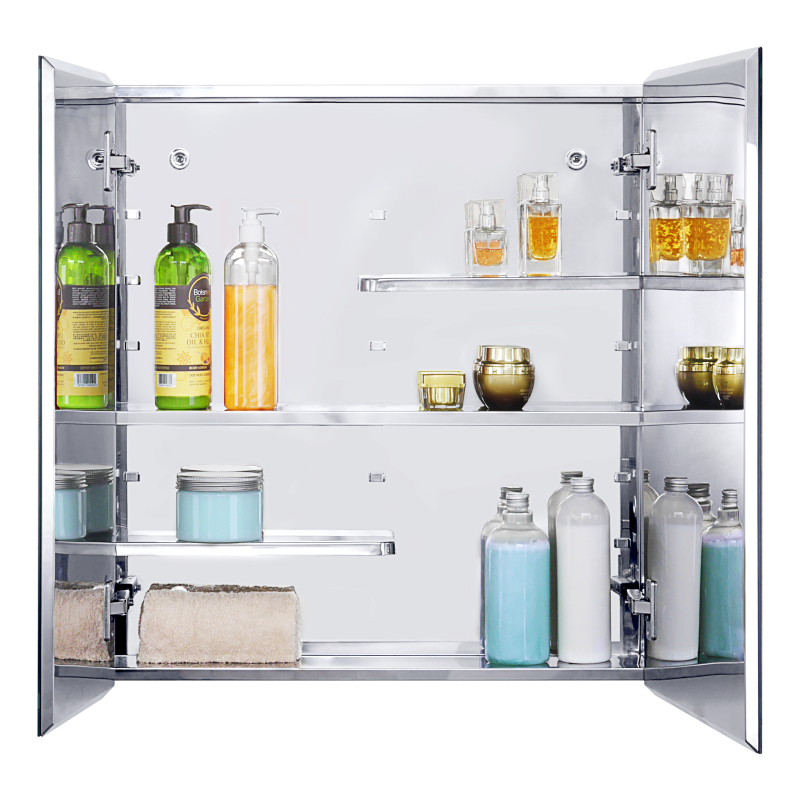 Stainless Steel Medicine Cabinet, Bathroom Mirror Cabinet, with Unique Half-Shelves, Recess and Surface Mount, 23.6 x 25.6 inch