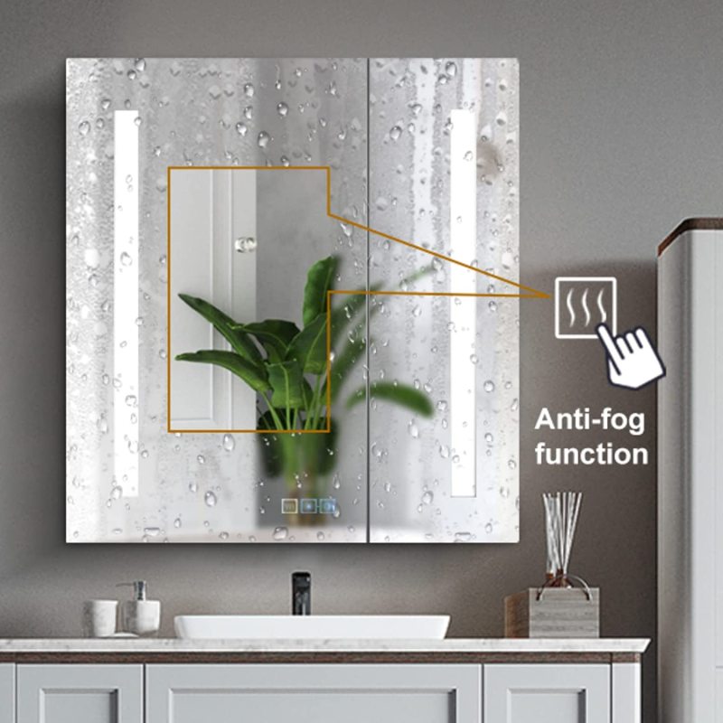 Aluminum LED Bathroom Mirror Cabinet with Defogger, Dimmer, Outlet and USB charger, Recessed or Surface Mount, 24W x 25.5H inch