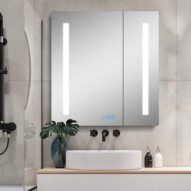 Aluminum LED Bathroom Mirror Cabinet with Defogger, Dimmer, Outlet and USB charger, Recessed or Surface Mount, 24W x 25.5H inch