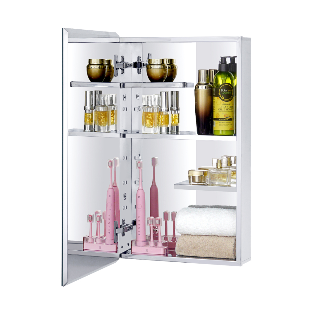Stainless Steel Medicine Cabinet, Bathroom Mirror Cabinet, with unique half-shelves, Recess and Surface mount, 14.8 x 25.5 inch