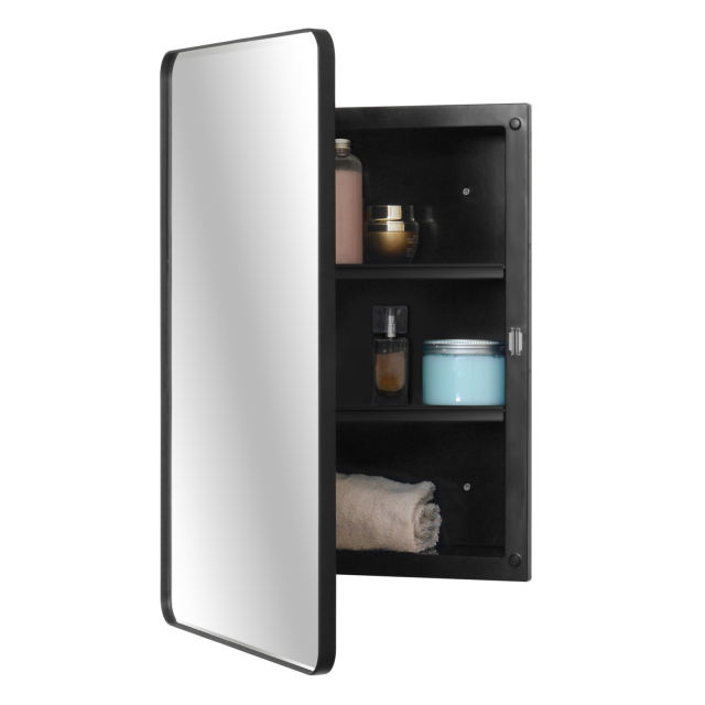 Fundin Plastic Medicine Cabinet, Beveled Edge Mirror Door with Round Corner Metal Frame, Recessed and Surface Mount, Black,16 x 24 inch