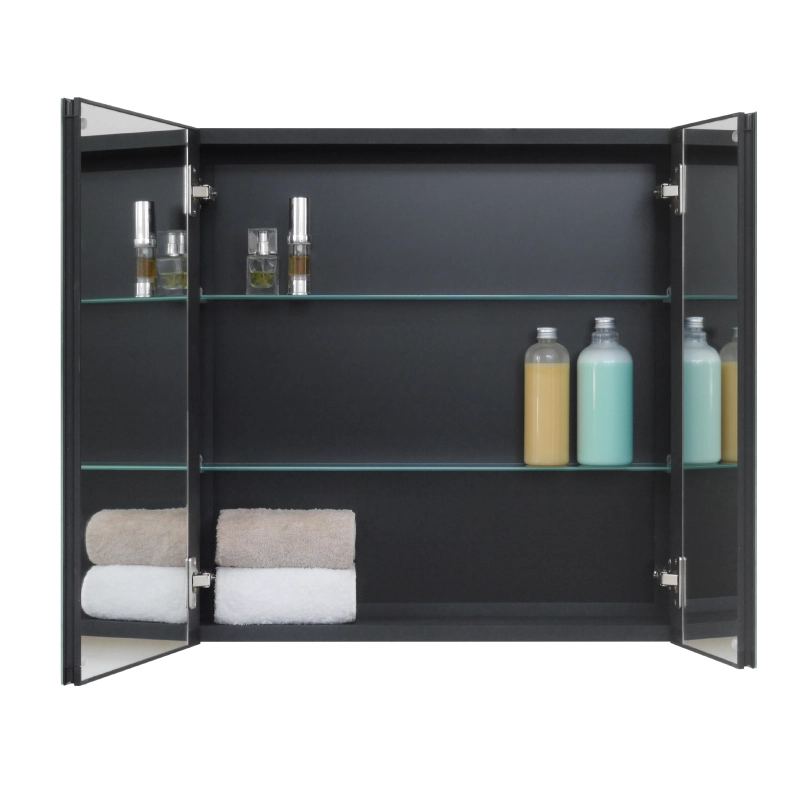 Fundin Black Aluminum Medicine Cabinet 24 x 24 Inch Recessed or Surface Mount, with Double Door and Adjustable Shelves.