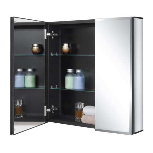 Fundin Black Aluminum Medicine Cabinet 24 x 24 Inch Recessed or Surface Mount, with Double Door and Adjustable Shelves.