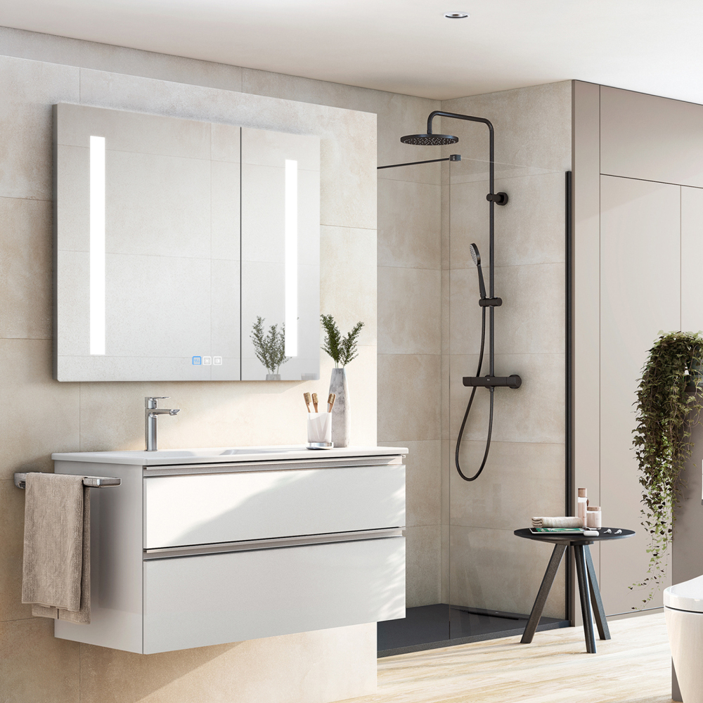 Aluminum LED Bathroom Mirror Cabinet with Defogger, Dimmer, Outlet and USB charger, Recessed or Surface Mount, For sale in Spain