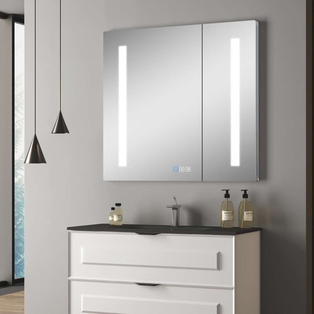 Aluminum LED Bathroom Mirror Cabinet with Defogger, Dimmer, Outlet and USB charger, Recessed or Surface Mount, For sale in Spain