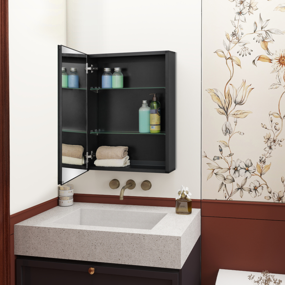 Fundin Medicine Cabinet 19.8 x 26 inches Mirror Size, Recessed or Surface Mount, Black Aluminum Bathroom Wall Cabinet with Mirror and Adjustable Shelves.