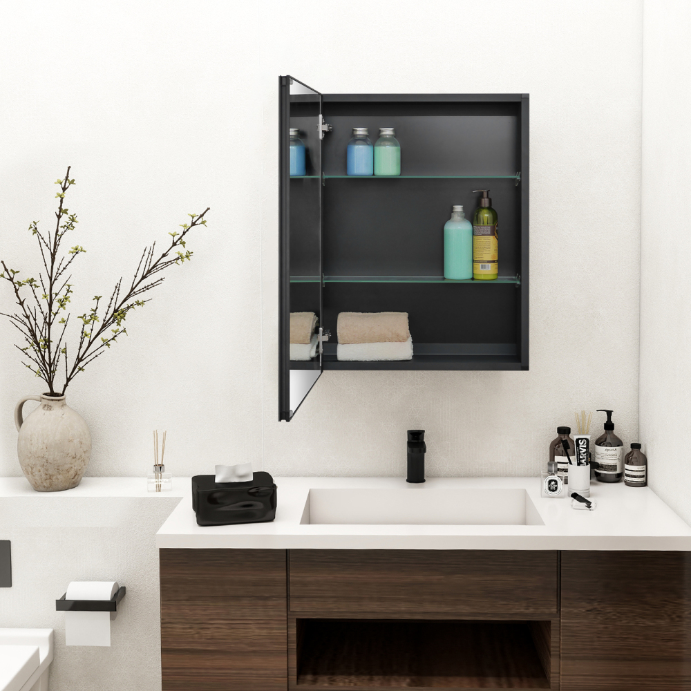Fundin Medicine Cabinet 19.8 x 26 inches Mirror Size, Recessed or Surface Mount, Black Aluminum Bathroom Wall Cabinet with Mirror and Adjustable Shelves.