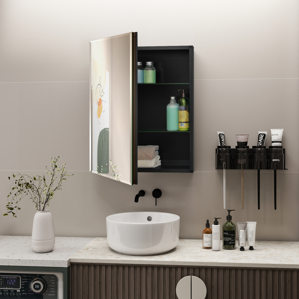 Fundin Medicine Cabinet 19.8 x 26 inches Mirror Size, Recessed or Surface Mount, Black Aluminum Bathroom Wall Cabinet with Mirror and Adjustable Shelves.