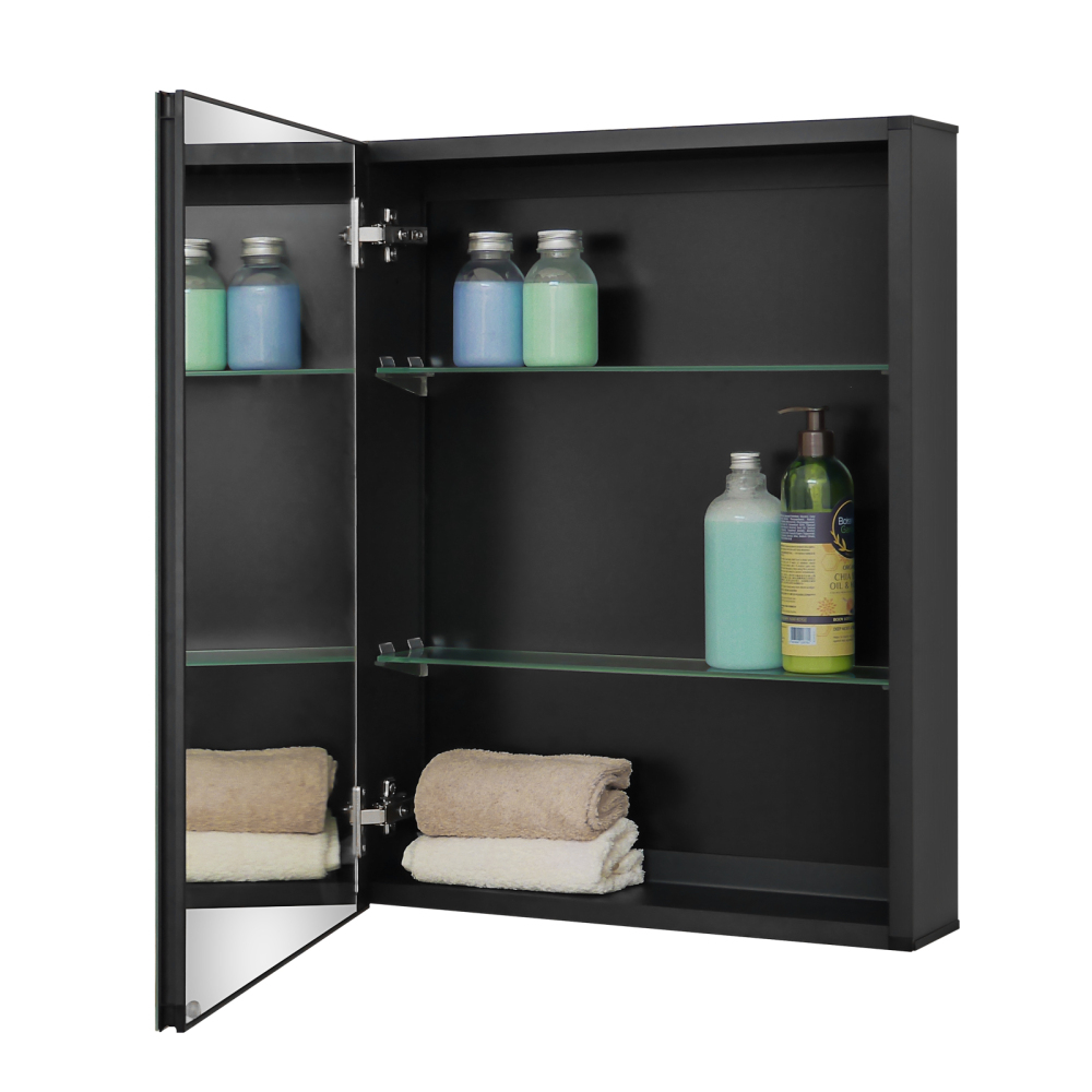 Fundin Medicine Cabinet 19.8 x 26 inches Mirror Size, Recessed or Surface Mount, Black Aluminum Bathroom Wall Cabinet with Mirror and Adjustable Shelves.