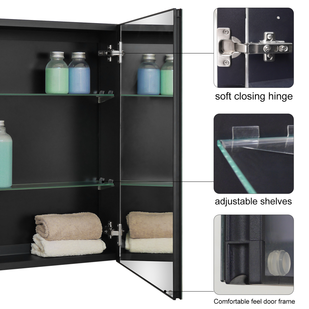 Fundin Medicine Cabinet 19.8 x 26 inches Mirror Size, Recessed or Surface Mount, Black Aluminum Bathroom Wall Cabinet with Mirror and Adjustable Shelves.