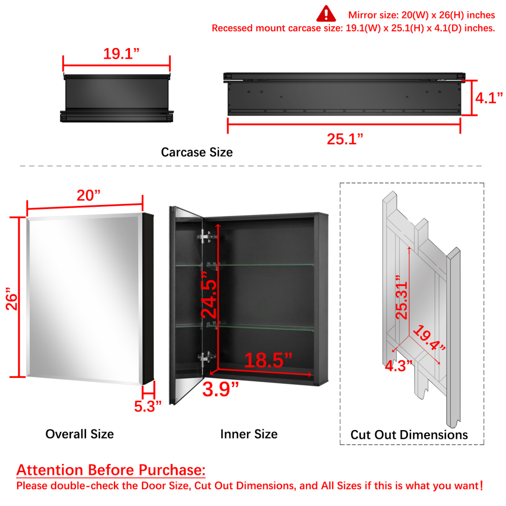 Fundin Medicine Cabinet 19.8 x 26 inches Mirror Size, Recessed or Surface Mount, Black Aluminum Bathroom Wall Cabinet with Mirror and Adjustable Shelves.