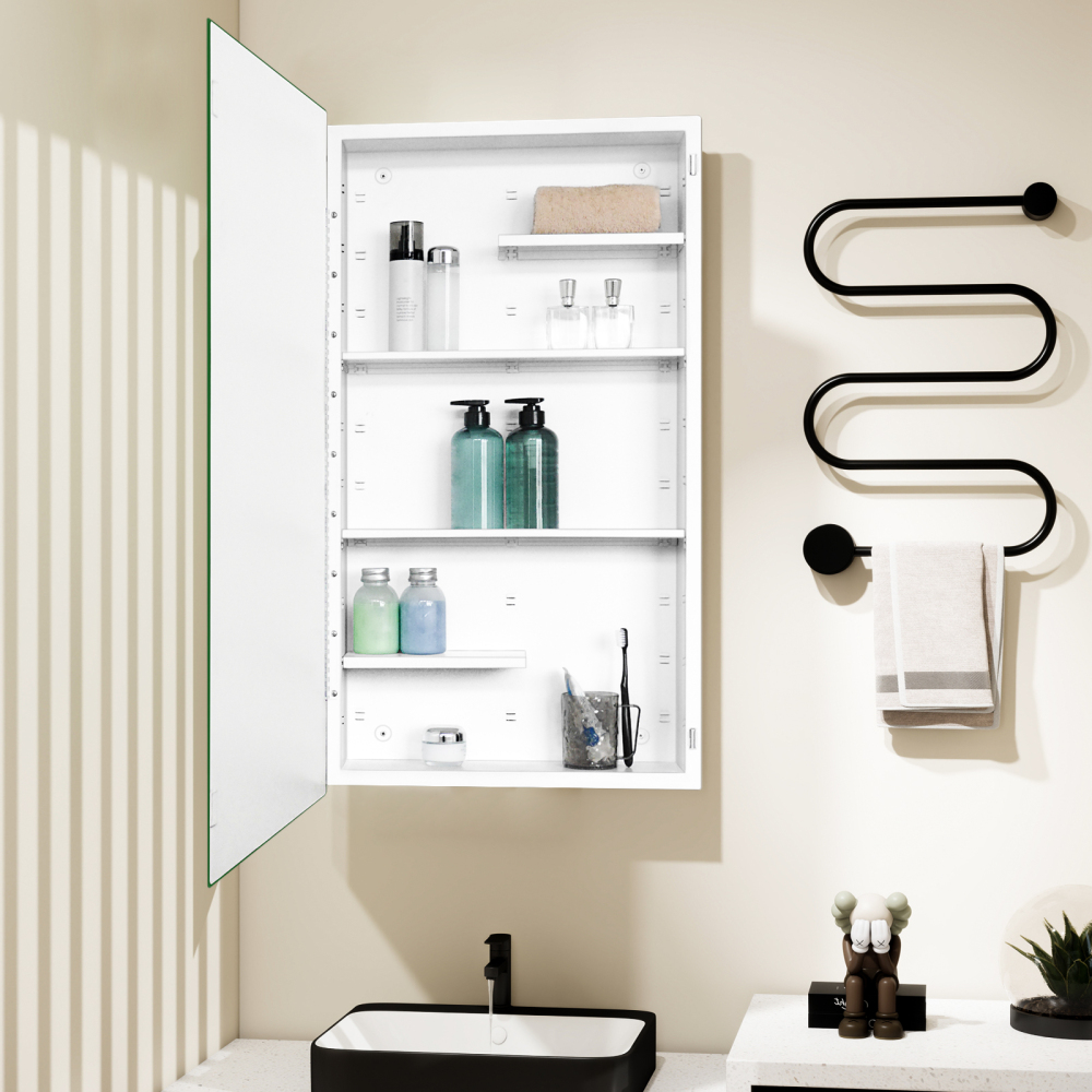 Fundin White Medicine Cabinet Recessed or Surface Mount, Bathroom Medicine Cabinet with 20 x 36 Mirror Size and Adjustable Staggered Shelves