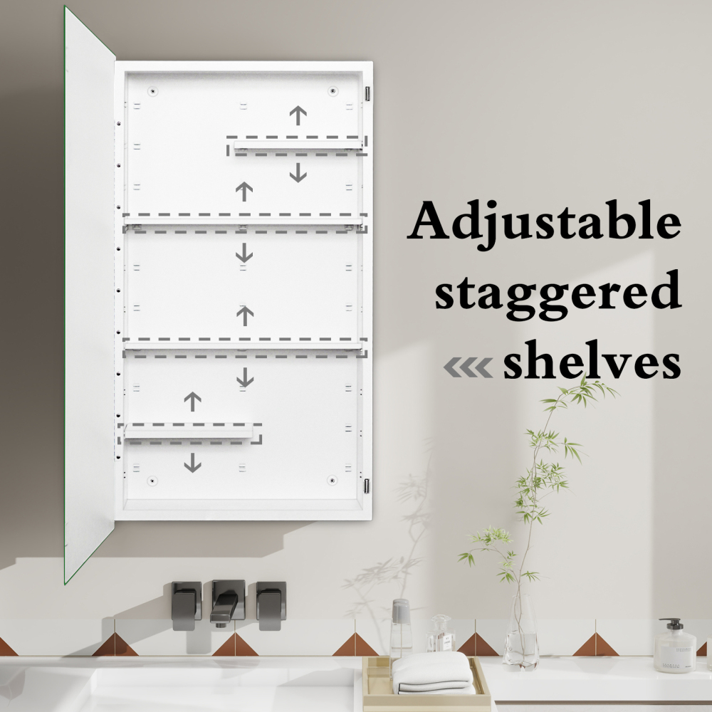 Fundin White Medicine Cabinet Recessed or Surface Mount, Bathroom Medicine Cabinet with 20 x 36 Mirror Size and Adjustable Staggered Shelves