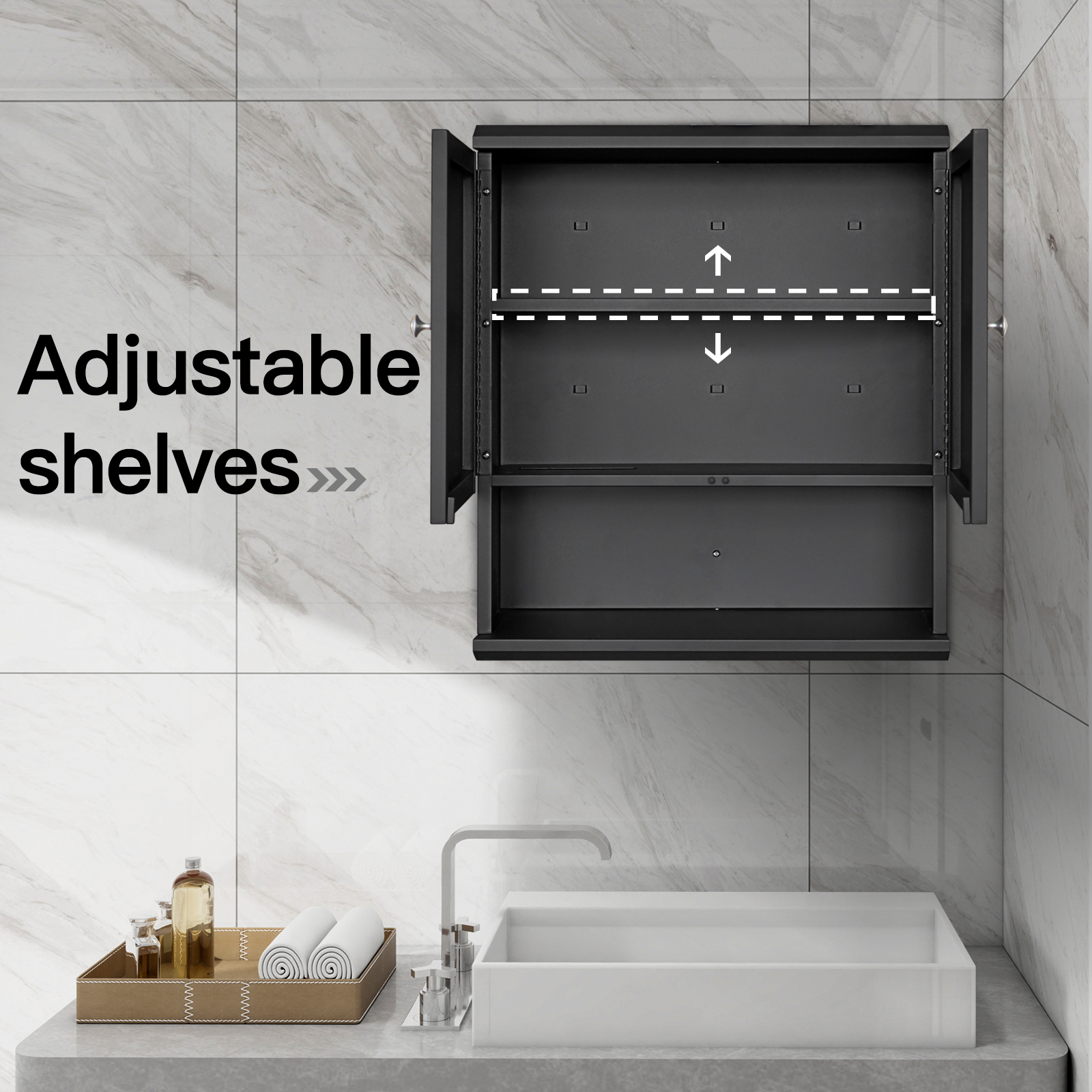 Fundin Black Bathroom Wall Cabinet with Hidden Tissue Slot & Adjustable Shelves, Over The Toilet Storage Cabinet for Bathroom Laundry Room