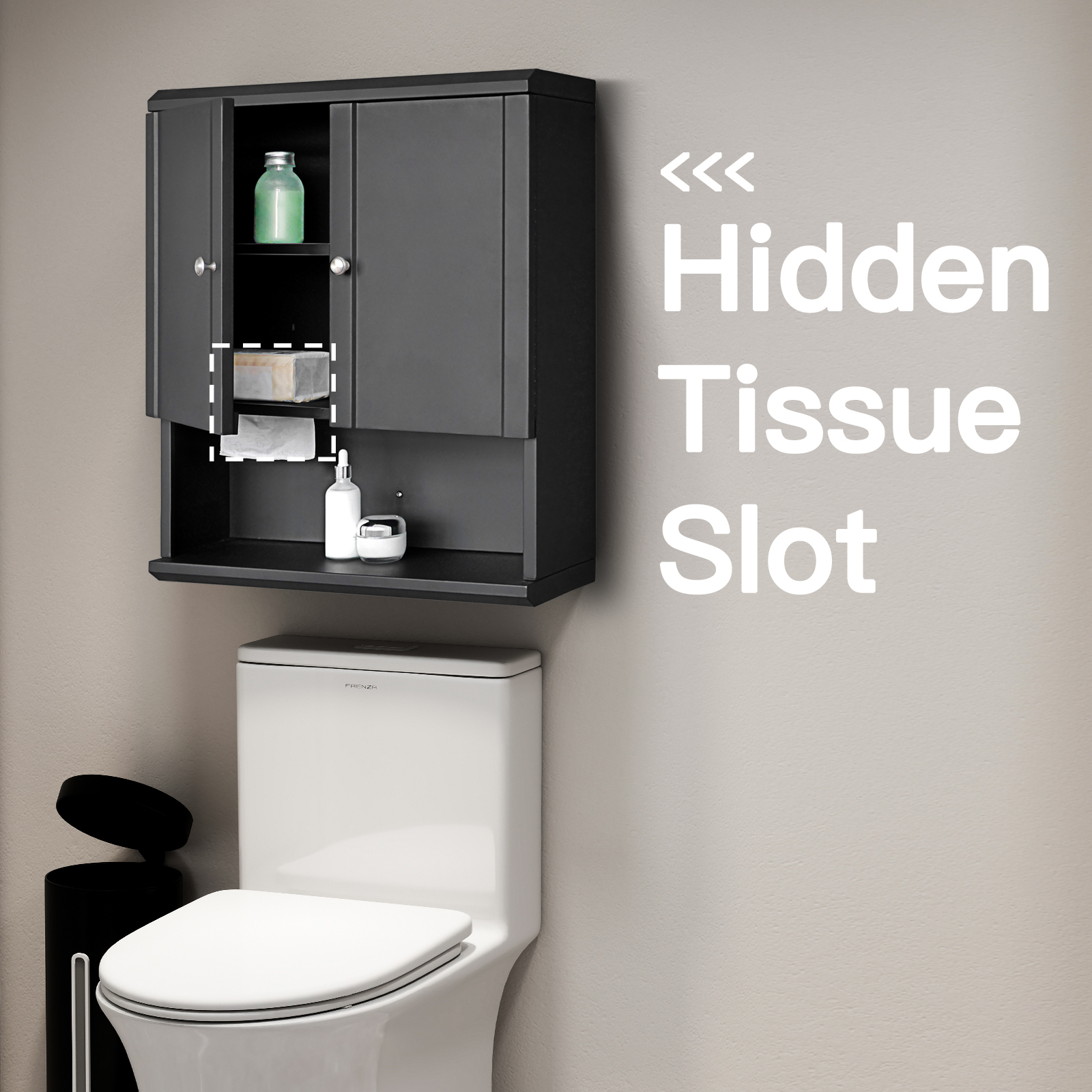 Fundin Black Bathroom Wall Cabinet with Hidden Tissue Slot & Adjustable Shelves, Over The Toilet Storage Cabinet for Bathroom Laundry Room