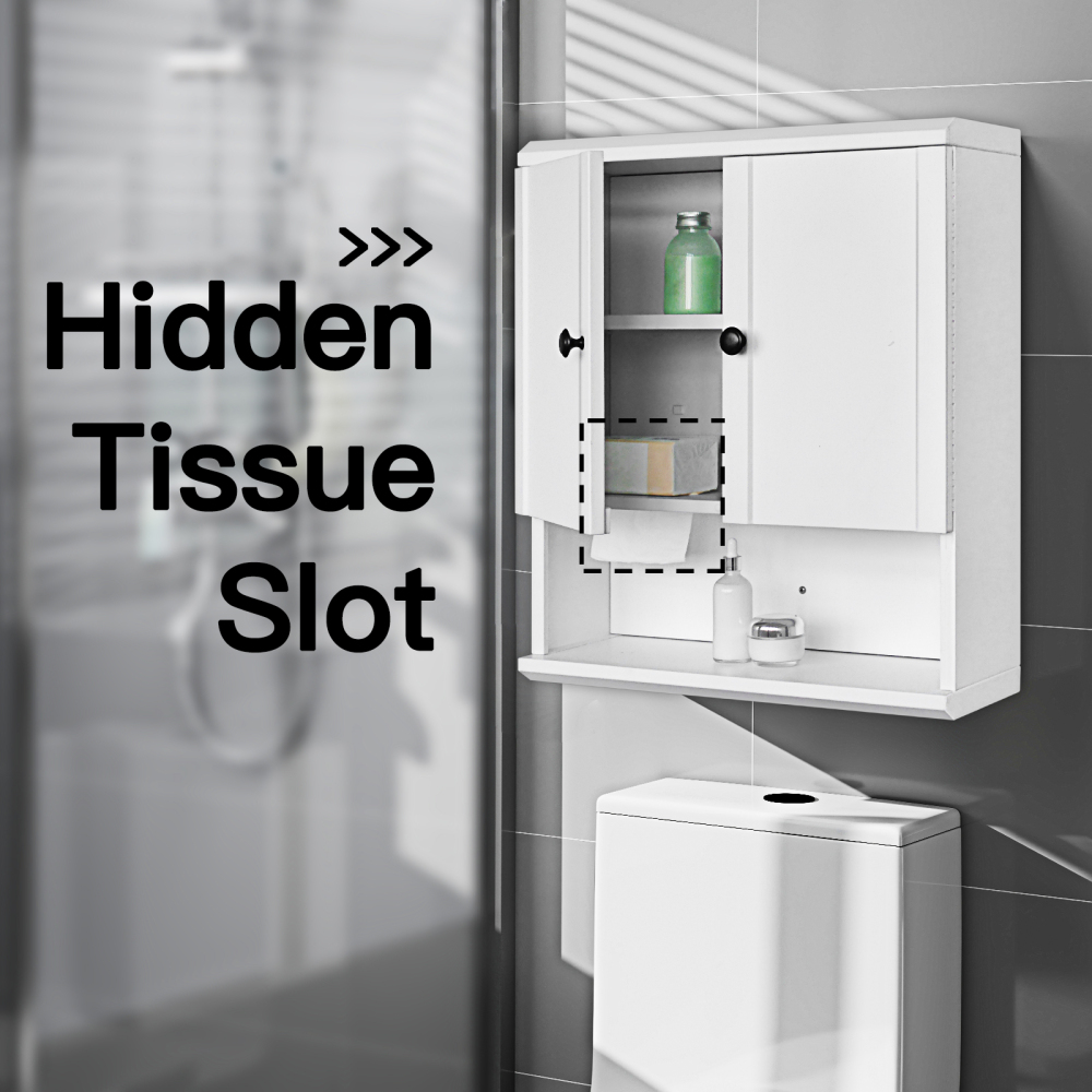 Fundin White Bathroom Wall Cabinet with Hidden Tissue Slot & Adjustable Shelves, Over The Toilet Storage Cabinet for Bathroom Laundry Room