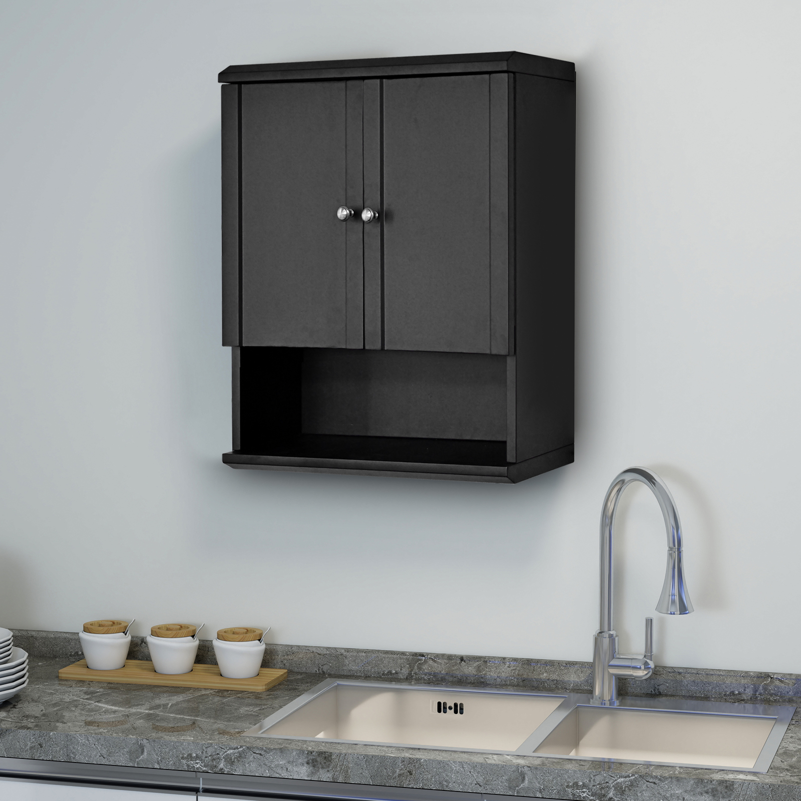Fundin Black Bathroom Wall Cabinet with Hidden Tissue Slot & Adjustable Shelves, Over The Toilet Storage Cabinet for Bathroom Laundry Room