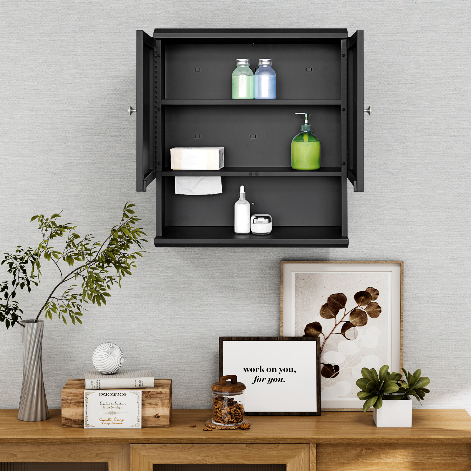 Fundin Black Bathroom Wall Cabinet with Hidden Tissue Slot & Adjustable Shelves, Over The Toilet Storage Cabinet for Bathroom Laundry Room