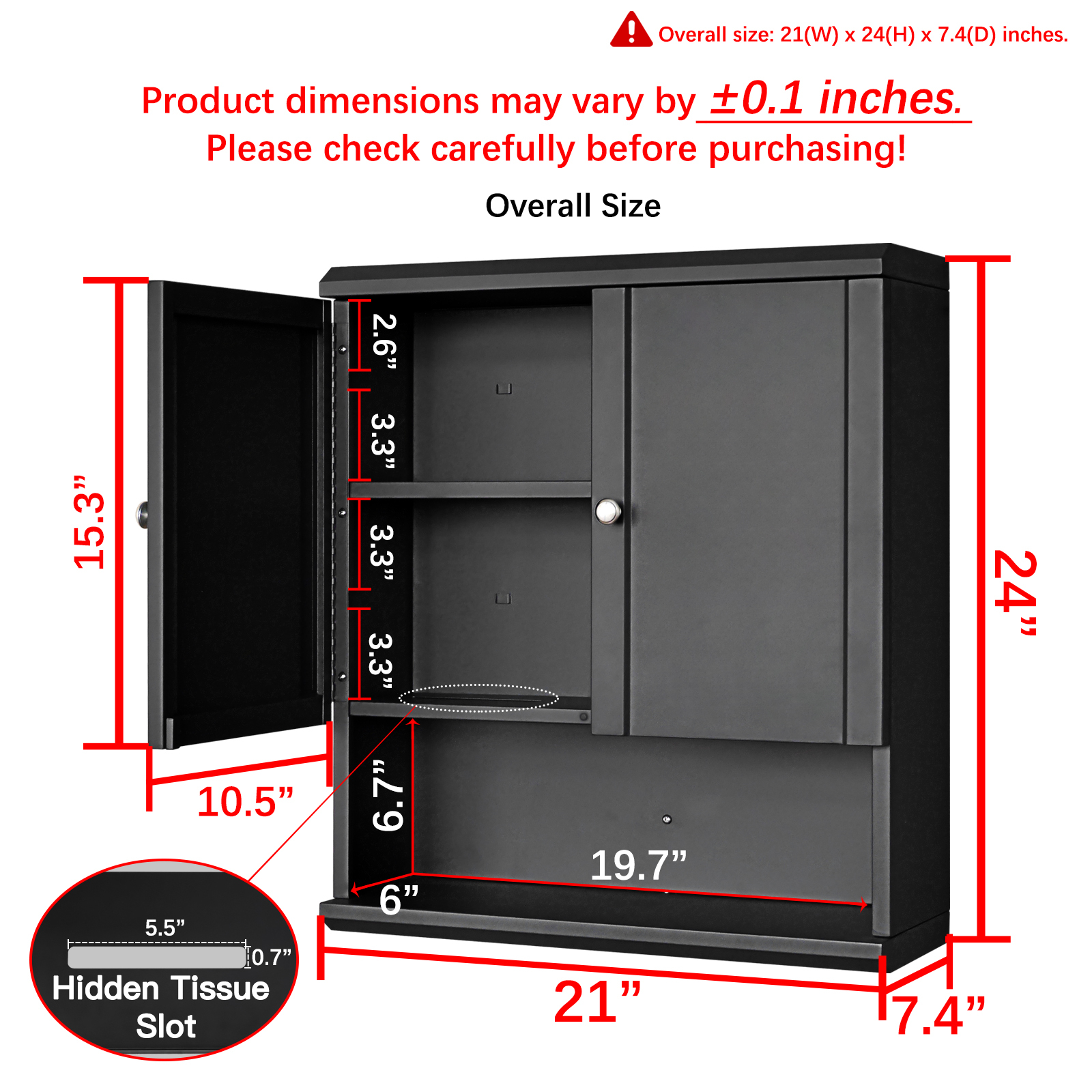 Fundin Black Bathroom Wall Cabinet with Hidden Tissue Slot & Adjustable Shelves, Over The Toilet Storage Cabinet for Bathroom Laundry Room