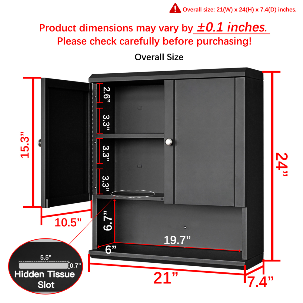 Fundin Black Bathroom Wall Cabinet with Hidden Tissue Slot & Adjustable Shelves, Over The Toilet Storage Cabinet for Bathroom Laundry Room