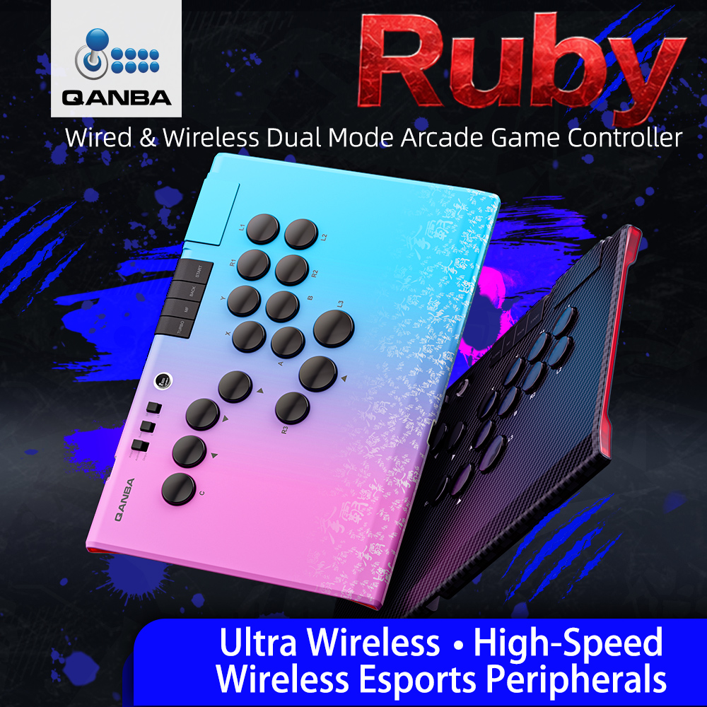 Limited Launch Gift: Free Carry Bag | Qanba Ruby Super Wireless Arcade Controller (Carbon Fiber Black / Phantom Pink & Blue)