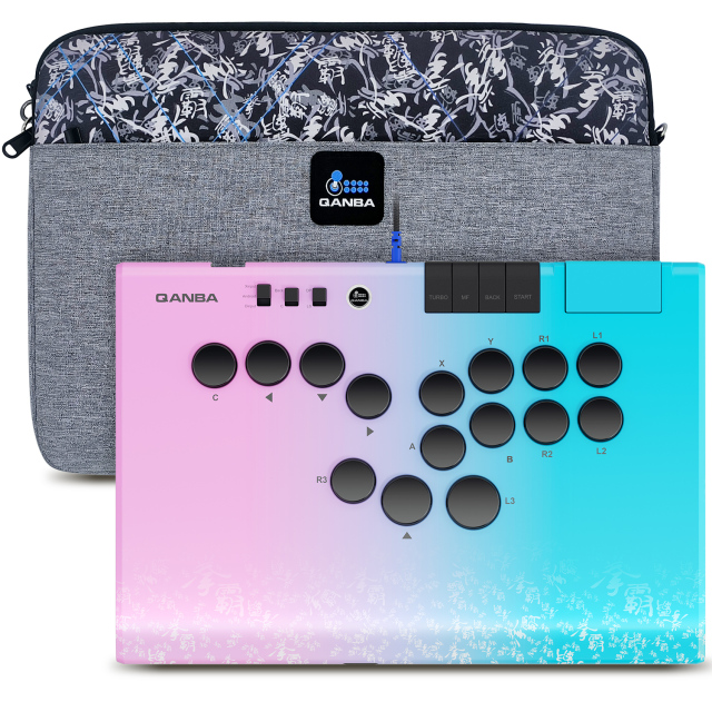 Qanba Ruby Super Wireless 1ms Ultra-low Latency Arcade Fight Stick Controller, 1.5cm Ultra Slim Kaihua Silent Linear Switches, 20m Stable Connection (Carbon Fiber Black / Phantom Pink & Blue) | Free Carry Bag for Launch