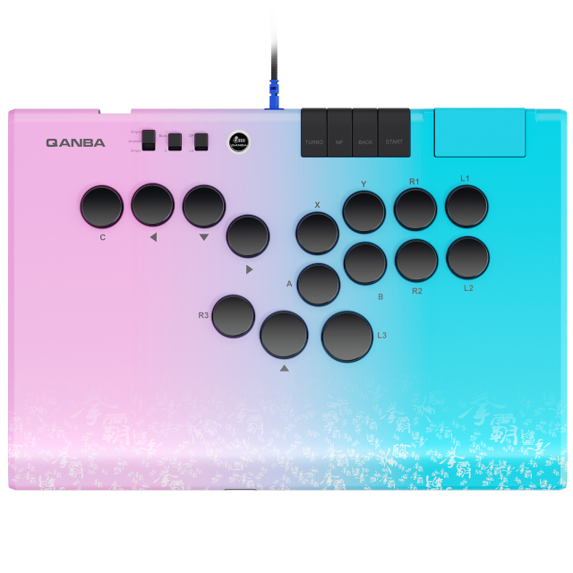 Qanba Ruby Super Wireless 1ms Ultra-low Latency Arcade Fight Stick Controller, 1.5cm Ultra Slim Kaihua Silent Linear Switches, 20m Stable Connection (Carbon Fiber Black / Phantom Pink & Blue) | Free Carry Bag for Launch