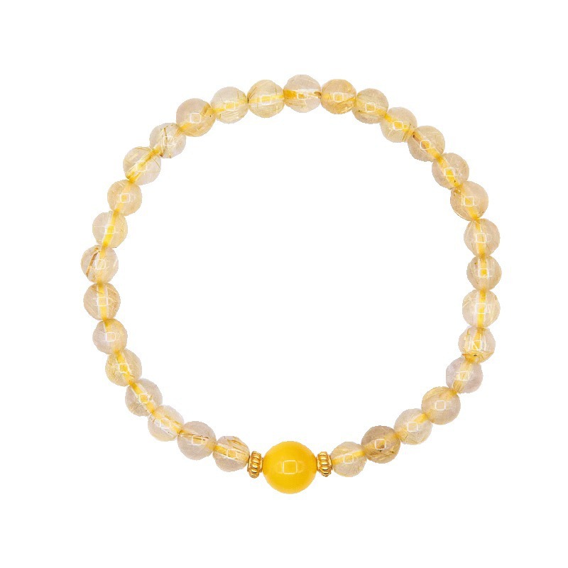 Golden Rutilated Quartz Bracelet Natural Stone Yellow Crystal Fortune Bracelet for Girls Beeswax Transfer Beads Golden Autumn Gift