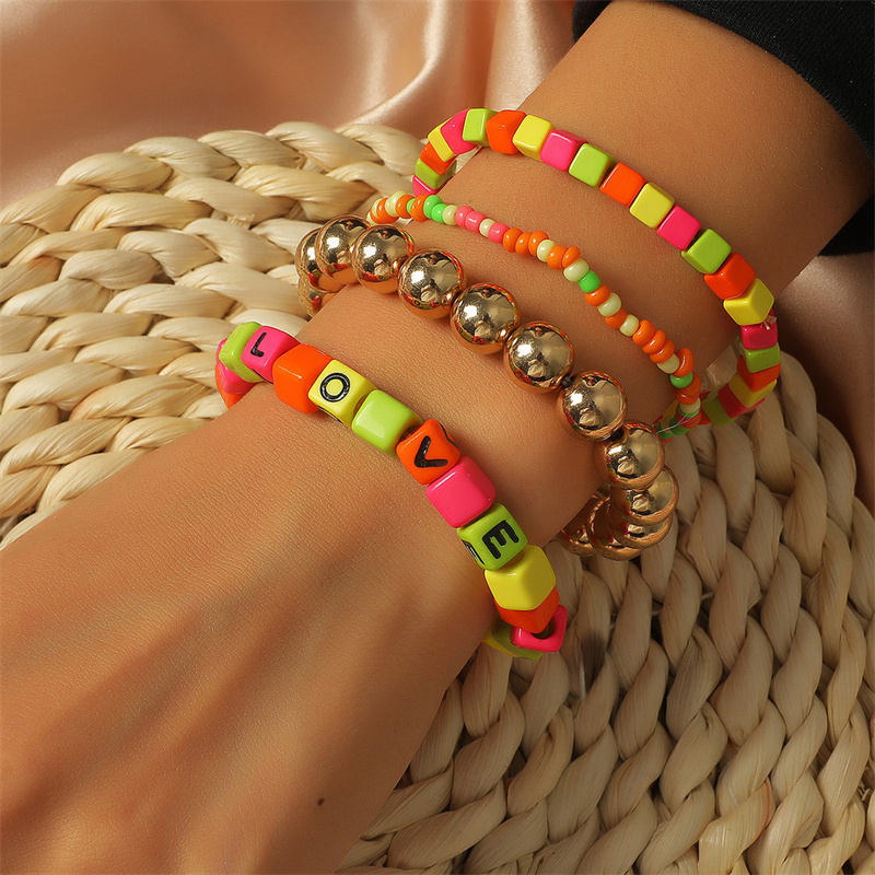 Wholesale Jewelry Bohemia Colored Beads Letter Acrylic Bracelets Set