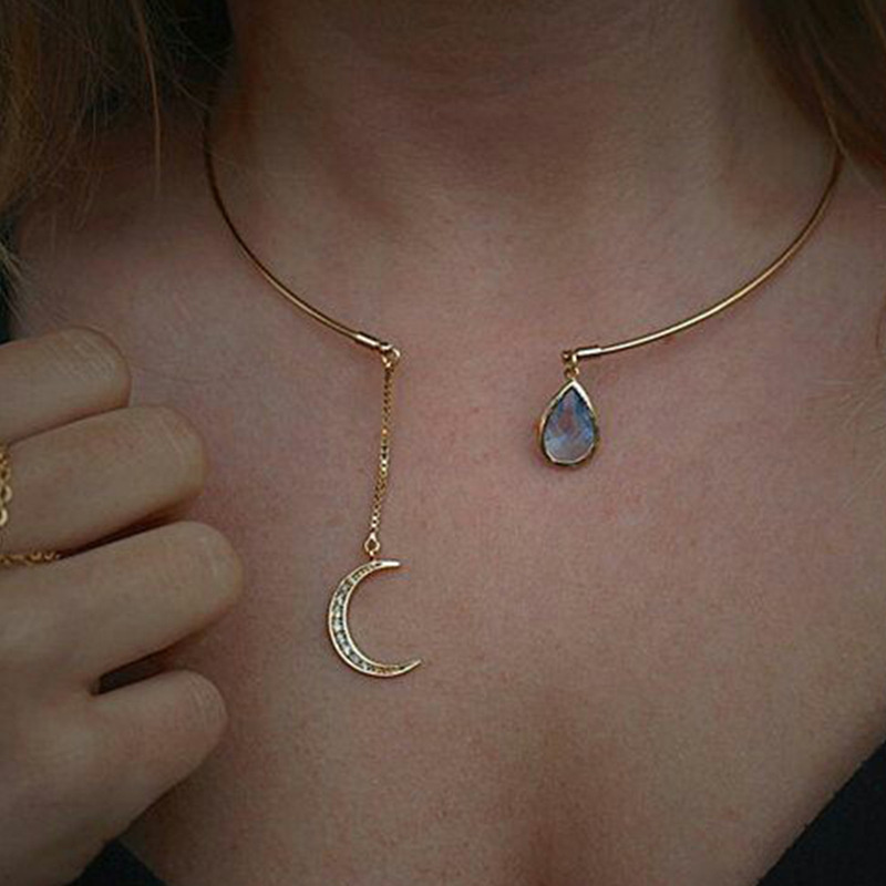 Wholesale Jewelry Simple Moon Drop Metal Choker Necklace