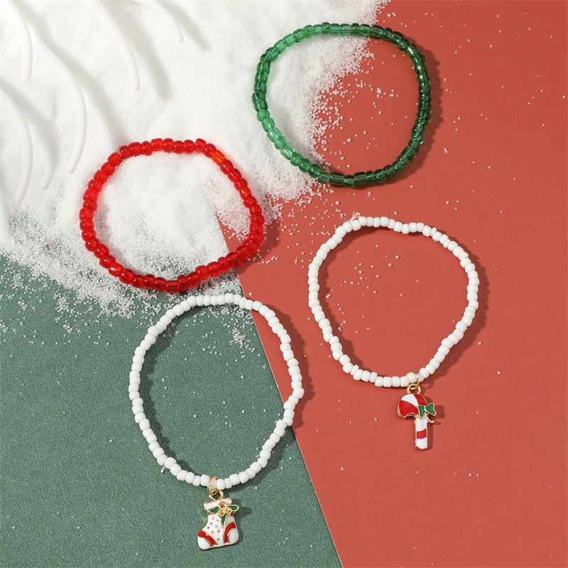 Christmas Color Beads Cane Socks Pattern Bracelet Set Distributor