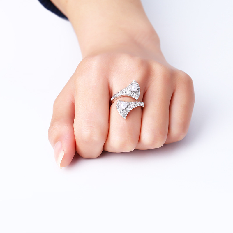 Wholesale Korean Style Simple Leaf Fan-shaped Open Ring With Zircon And Pearl Tail Ring