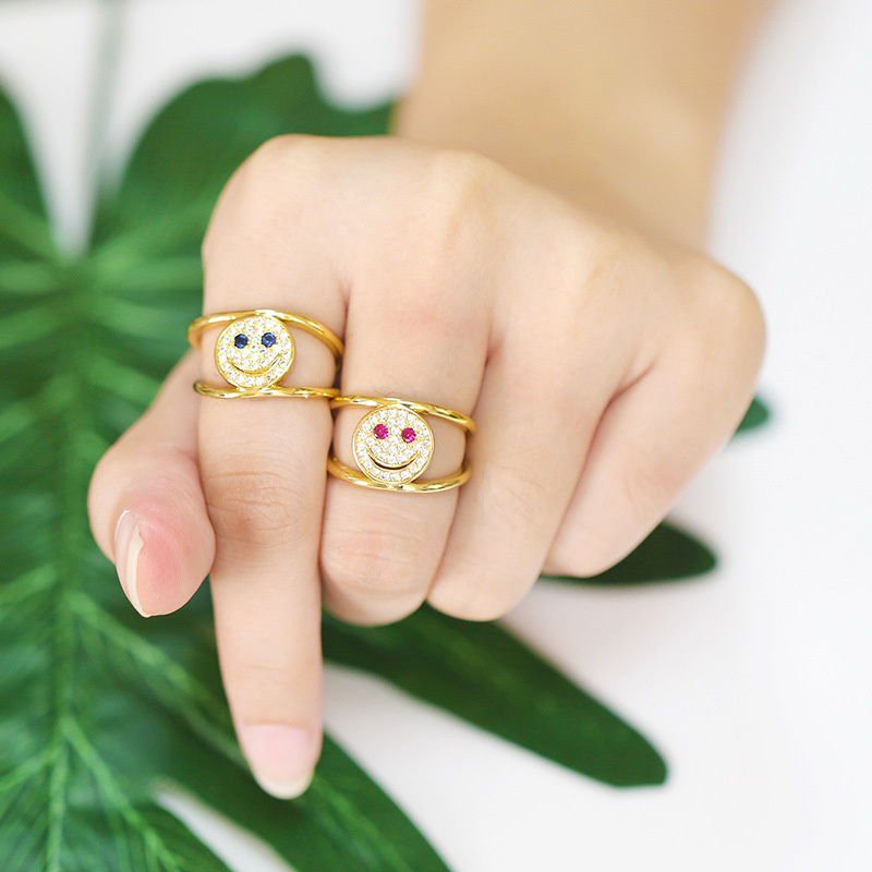 Design Simple Gold-plated Zircon Smile Face Ring Double Layer Smile Expression Ring Supplier