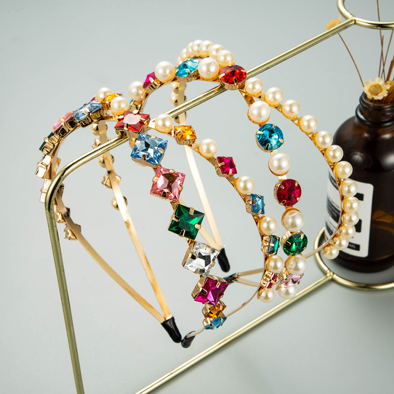 Wholesale Jewelry Fashion Double-layer Metal Headband Korean Pearl Inlaid Rhinestone Super Flash Headband