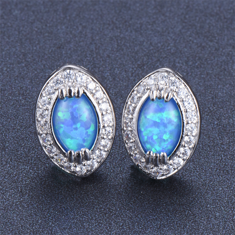 925 Silver Three-claw Oval Blue Opal White Diamond Earrings Distributor