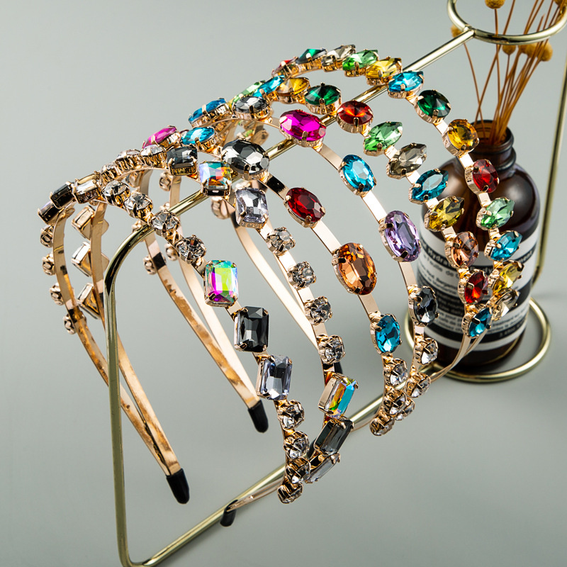 Wholesale Jewelry Fashion Creative Color Rhinestone Headband Alloy Double-layer Wide Side Flash French
