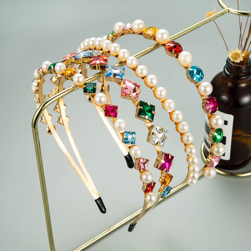 Wholesale Jewelry Fashion Double-layer Metal Headband Korean Pearl Inlaid Rhinestone Super Flash Headband