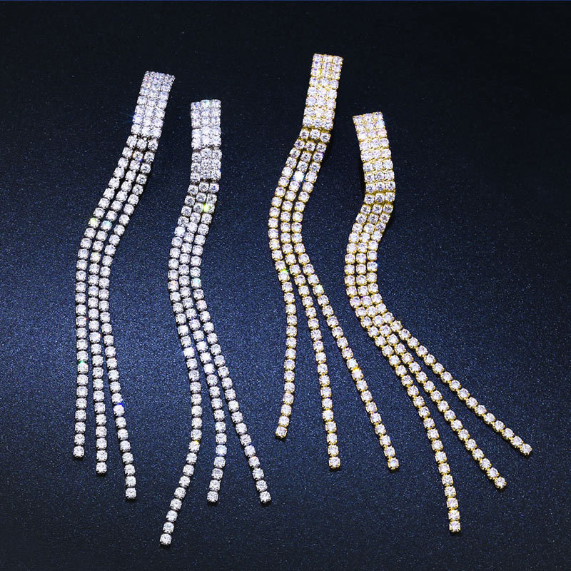 Wholesale Korean Long Tassel Without Pierced Earrings Inlaid Zircon Ear Clips