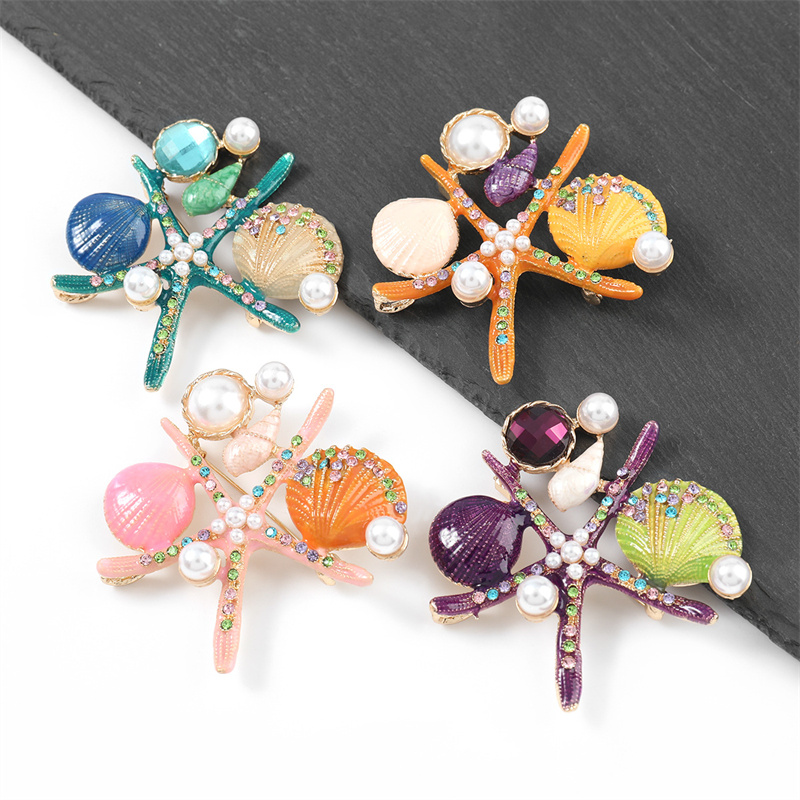 Wholesale Alloy Oil Drop Diamond Inlaid Pearl Starfish Shell Brooch Popular