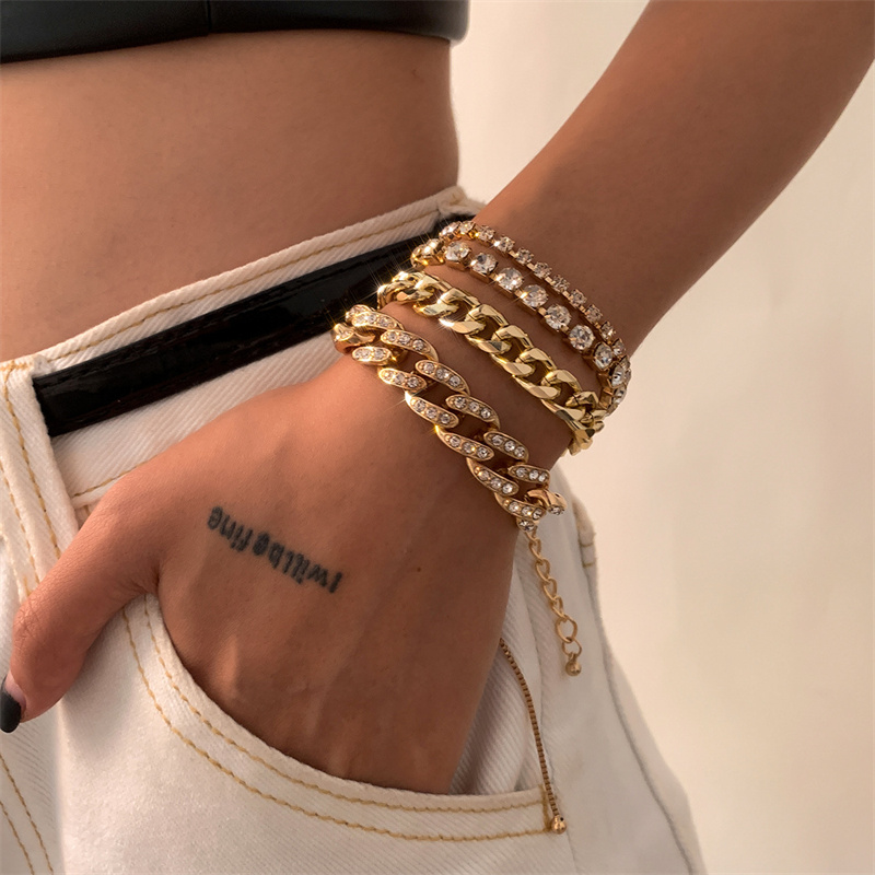 Wholesale Fashion Trendy Full Diamond Cuban Buckle Simple Personality Hip-hop Suit Bracelet