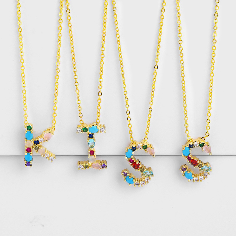 Wholesale Color Zircon Necklace With Diamonds English Letters Necklace