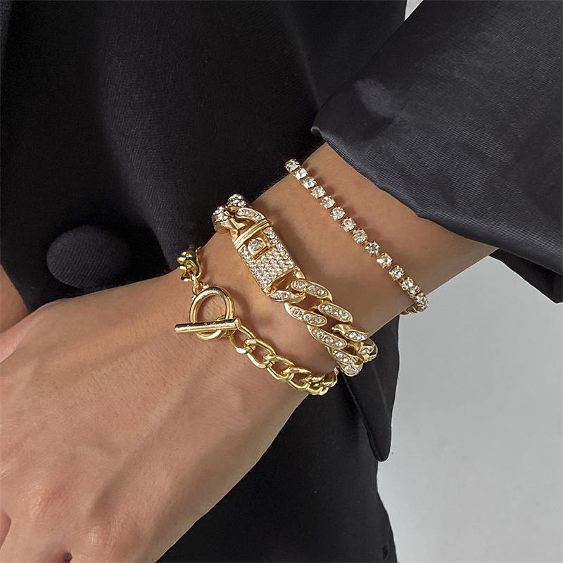 Wholesale Trend Hip Hop Simple Geometric Hollow Bracelet Cuban Rhinestone Set