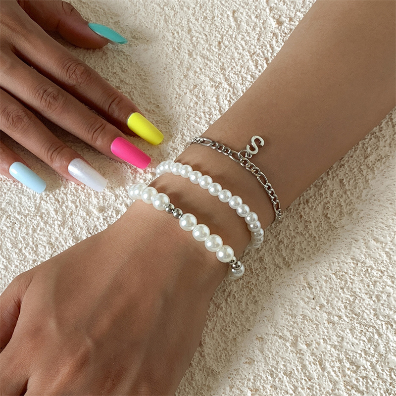 Wholesale Bohemian Weaving Letters Imitation Pearl Bracelet Retro Hollow Chain