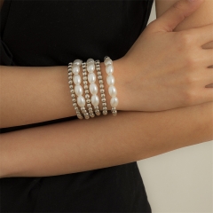 Wholesale Simple Imitation Pearl Set Bracelet Geometric Round Bead Metal Bracelet