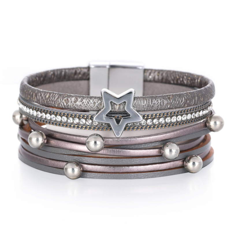 AliExpress  Multi-layer Leather Wide-sided Magnetic Buckle Bracelet Hollow Five-pointed Star Pearl Bracelet Distributor
